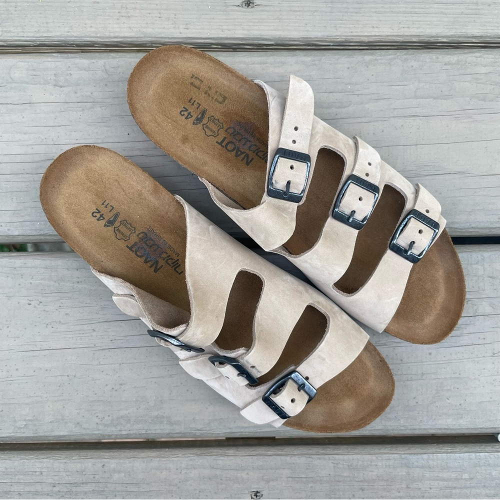 Naot Footwear Austin Sand Stone Suede Triple Strap Slide Sandals size 42 - Picture 2 of 14